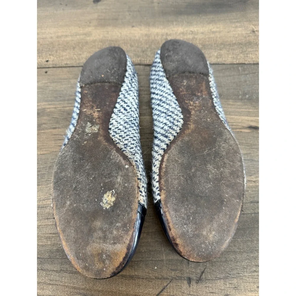 Tory Burch Reva Tweed Ballet Flats Blue Ivory Gold Logo Cap Toe Size 7